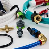 Assorted hoses, connectors, brass fittings, and plastic adapters for plumbing or industrial use are arranged on a white surface. Some hoses have attached nozzles and clamps.