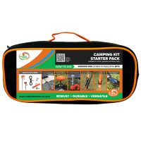 A black and orange zippered carrying case labeled 4×4 Awning Tie Down Kit (3 Pole) – Each features images of camping tools, including a Tuff Dog™ screw in peg, plus descriptive text about contents and features on the front.