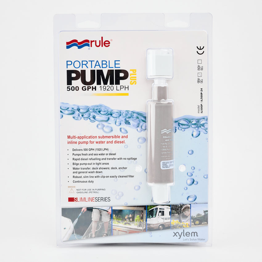 Retail packaging for the Rule iL500 Pump Replacement – High Flow, 500 GPH (1920 LPH), displays the clear pump. Text highlights its 12V power and use as submersible or inline, with water droplets and small usage images below.