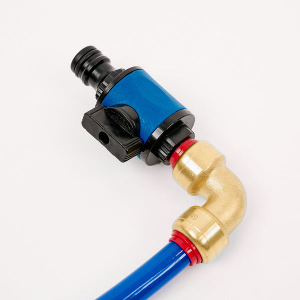 A close-up of a blue and black plastic hose connector with brass fittings attached to a blue hose, set against a plain white background.