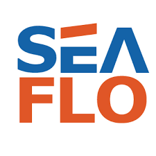 The image shows the SEAFLO logo with SEA in blue and FLO in orange. The A in SEA is stylized with a bold orange line above it, and the A is shaped as an upside-down V.