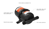 The Seaflo Accumulator Tank 0.75L features a compact design, rubber feet, low battery usage, quiet operation with reduced noise, long-lasting pump life, and an NPT connector for improved sealing.