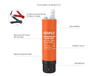 The Seaflo 12V Submersible Pump 280GPH is an orange water pump featuring easy installation, portability, up to 20-minute run time, and is suitable for 40°C diesel or 80°C seawater. Inset highlights its 5m leads with clip for convenience.