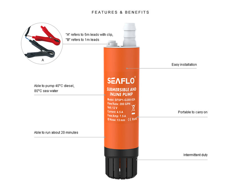 The Seaflo 12V Submersible Pump 280GPH is an orange water pump featuring easy installation, portability, up to 20-minute run time, and is suitable for 40°C diesel or 80°C seawater. Inset highlights its 5m leads with clip for convenience.