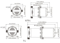 Technical drawing with dimensions of the Seaflo Accumulator Tank 0.75L, displaying side and front views, 1/2" NPT fittings, labeled measurements in inches/millimeters—ideal for accumulator tanks or water pressure systems.