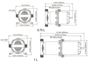 Technical drawing with dimensions of the Seaflo Accumulator Tank 0.75L, displaying side and front views, 1/2" NPT fittings, labeled measurements in inches/millimeters—ideal for accumulator tanks or water pressure systems.