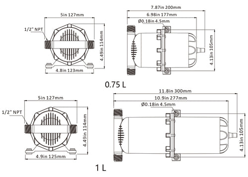 Technical drawing with dimensions of the Seaflo Accumulator Tank 0.75L, displaying side and front views, 1/2" NPT fittings, labeled measurements in inches/millimeters—ideal for accumulator tanks or water pressure systems.