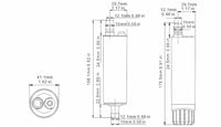 Technical drawing of the Seaflo 12V Submersible Pump 280GPH with three views, showing height, diameter, and feature positions; all dimensions provided in millimeters and inches.