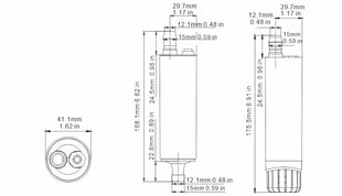 Technical drawing of the Seaflo 12V Submersible Pump 280GPH with three views, showing height, diameter, and feature positions; all dimensions provided in millimeters and inches.