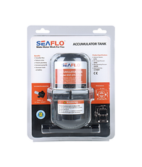Seaflo Accumulator Tank 0.75L in retail packaging displays the tank, included accessories, details, specs, and warning label. Designed to reduce pump noise and maintain steady water pressure. Packaging is mostly clear with orange, black, and white text.