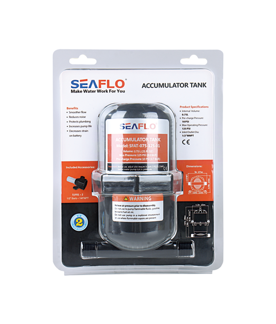 Seaflo Accumulator Tank 0.75L in retail packaging displays the tank, included accessories, details, specs, and warning label. Designed to reduce pump noise and maintain steady water pressure. Packaging is mostly clear with orange, black, and white text.