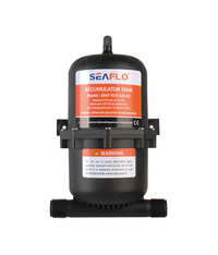 The Seaflo Accumulator Tank 0.75L is a black tank with an orange and white label, yellow warning label at the bottom front, dual-side inlet/outlet pipes, and is designed to reduce pump noise.