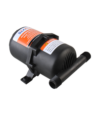 The Seaflo Accumulator Tank 0.75L is a black cylindrical tank with threaded pipe fittings on both ends, two mounting brackets, and an orange and white label. It reduces pump noise and maintains consistent water pressure. Photographed on a white background.