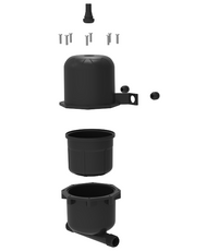 Exploded view of the Seaflo Accumulator Tank 0.75L, showing its black plastic canister assembly with three cylindrical parts, a pipe, screws, and connectors aligned on a white background.