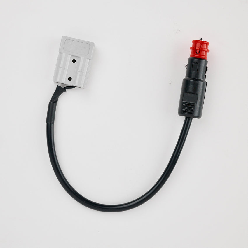The Anderson plug to 12v power socket features a black cable with a gray rectangular Anderson plug on one end and a black cylindrical 12v connector with a red tip on the other, shown against a white background.