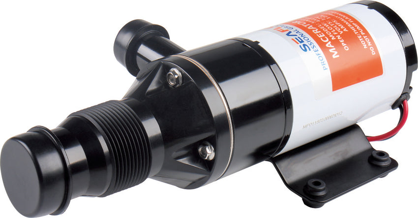 The Seaflo 01-Series Marine Macerator Pump is black and white with a cylindrical body, four-blade chopper, mounting bracket, attached wires, and a threaded nozzle for marine holding tank pump and waste disposal.