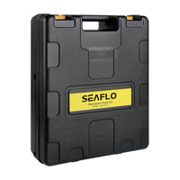 The Seaflo Portable Washdown Kit 12V comes in a durable black hard plastic case with a yellow label, top handle, and reinforced corners—ideal as a portable boat cleaning kit for easy transport.