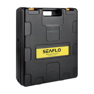 The Seaflo Portable Washdown Kit 12V comes in a durable black hard plastic case with a yellow label, top handle, and reinforced corners—ideal as a portable boat cleaning kit for easy transport.