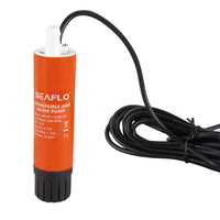 An orange Seaflo 12V Submersible Pump 280GPH features a white hose connector, black base, and long coiled black cord. The model and specifications are printed on the pump body.