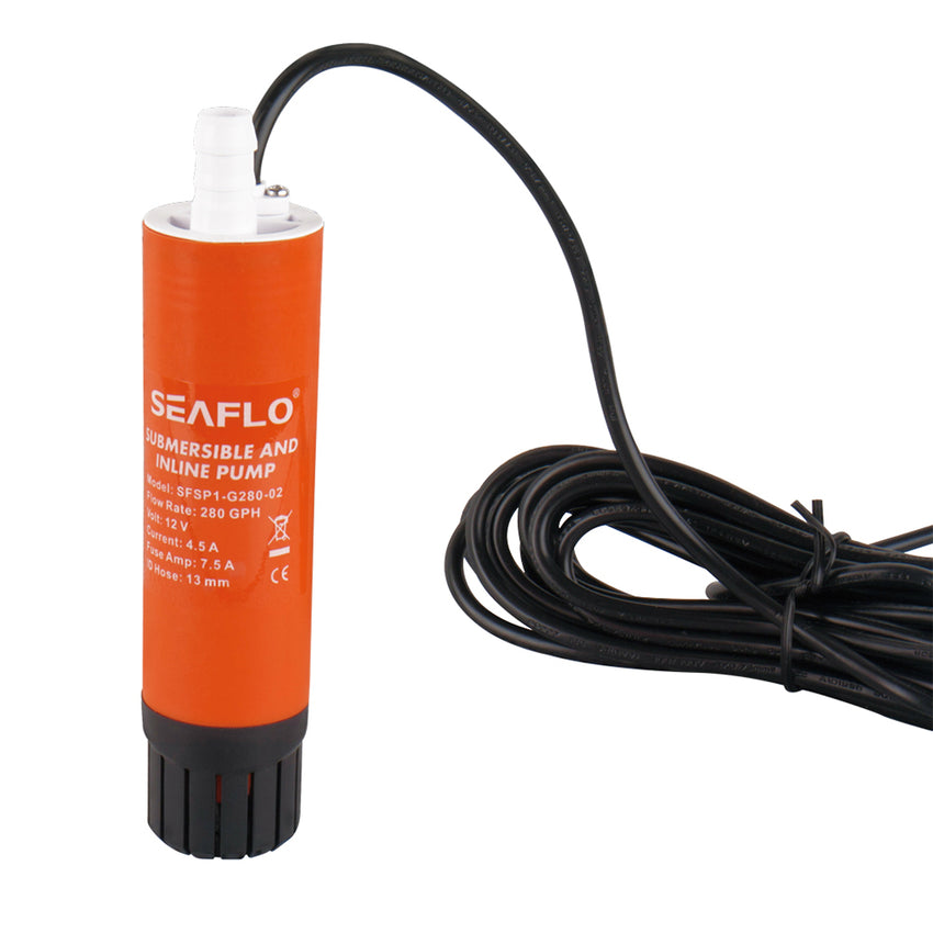 An orange Seaflo 12V Submersible Pump 280GPH features a white hose connector, black base, and long coiled black cord. The model and specifications are printed on the pump body.