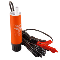 The Seaflo 12V Submersible Pump 280GPH is a cylindrical orange water pump with a black base, power cable, and red/black alligator clips—ideal as a booster pump for inline water applications.