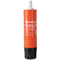 The Seaflo 12V Submersible Pump 280GPH is an orange pump with specifications printed on the body, a white top nozzle, and a black bottom filter section. This compact inline water pump is perfect for various uses.