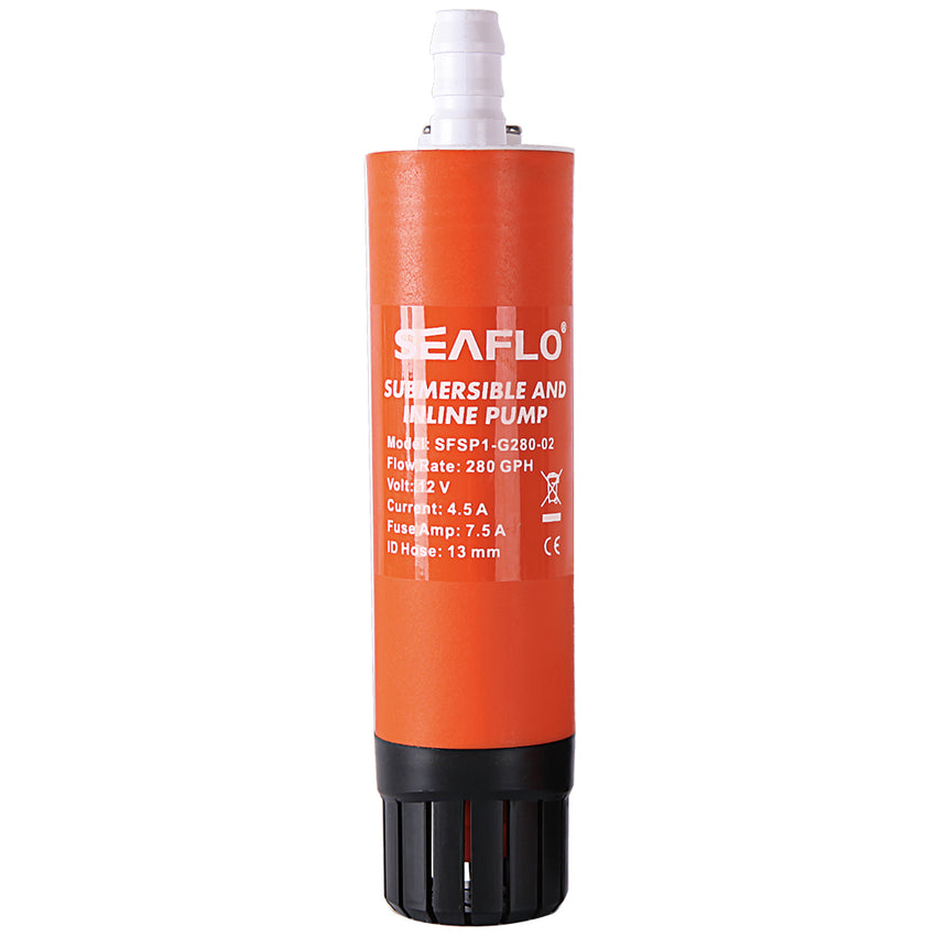 The Seaflo 12V Submersible Pump 280GPH is an orange pump with specifications printed on the body, a white top nozzle, and a black bottom filter section. This compact inline water pump is perfect for various uses.