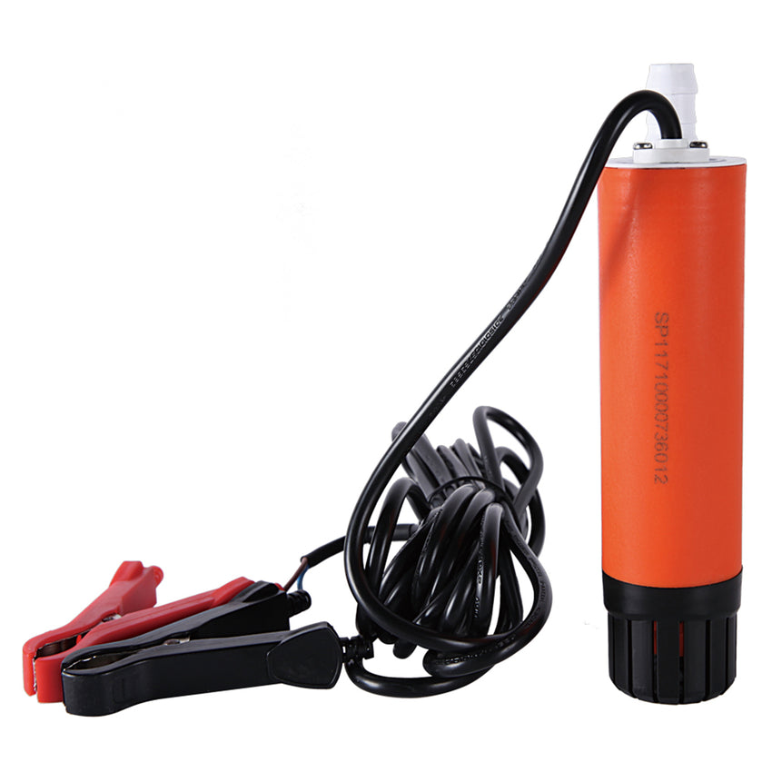 The Seaflo 12V Submersible Pump 280GPH is a compact, portable orange inline pump with a black power cord and red/black alligator clips for easy 12V connection—ideal as a booster pump for multiple uses.
