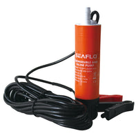 The Seaflo 12V Submersible Pump 280GPH features a long black power cord with battery clips and product details printed on the body, making it ideal for transferring liquids.