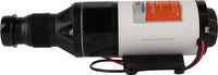 Close-up of a black and white Seaflo 01-Series Marine Macerator Pump featuring attached wires, a mounting bracket, and a partially visible orange label on the side.