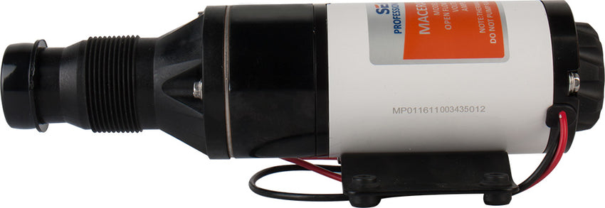 Close-up of a black and white Seaflo 01-Series Marine Macerator Pump featuring attached wires, a mounting bracket, and a partially visible orange label on the side.