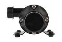 Front view of the Seaflo 01-Series Marine Macerator Pump: black cylindrical body, round face with four screws, left-side pipe connection, two base mounting brackets—ideal for marine holding tanks. Shown isolated on a white background.