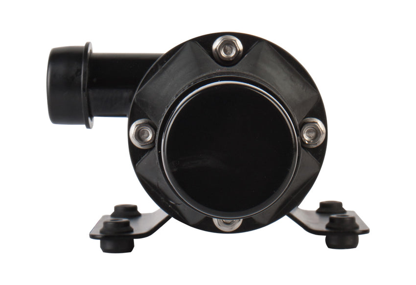 Front view of the Seaflo 01-Series Marine Macerator Pump: black cylindrical body, round face with four screws, left-side pipe connection, two base mounting brackets—ideal for marine holding tanks. Shown isolated on a white background.