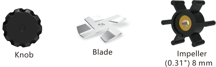 Three labeled parts—a black ridged knob, a metallic four-blade chopper, and a six-arm impeller with brass center (Impeller 0.31, 8 mm)—are key components of the Seaflo 01-Series Marine Macerator Pump assembly.