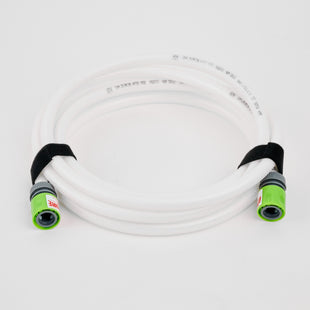 The 1 x 5 meter extension hose inc fittings is a coiled white 12mm hose with green connectors, secured by a black Velcro strap and ideal for water transfer and Adventure Pumps, displayed on a plain white background.