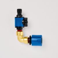 The Quick Release Water Inlet Elbow, featuring a blue and black connector, red ring, and gold joint, is designed to prevent kinking when attaching heavy hoses; shown here on a white background.