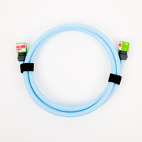 The 1 x 5 meter extension hose inc fittings, a coiled light blue hose with green connectors and two black Velcro straps, rests on a white background—perfect for efficient water transfer when used with Adventure Pumps.