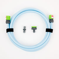 The 1 x 5 meter extension hose inc fittings features a coiled light blue design with green connectors secured by black straps. Two metal and one green plastic fitting for water transfer are arranged at the center, all shown on a white background.