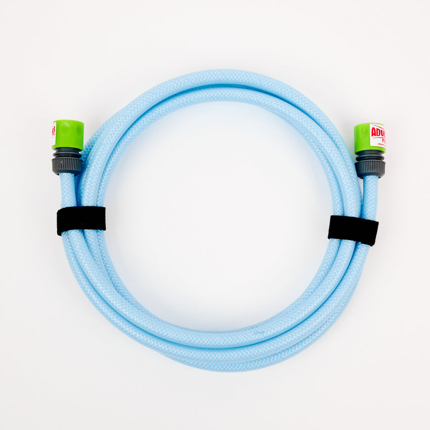 A 1 x 5 meter extension hose inc fittings, coiled with green connectors and two black Velcro straps, sits on a white background—ideal for efficient water transfer and perfect for Adventure Pumps enthusiasts.
