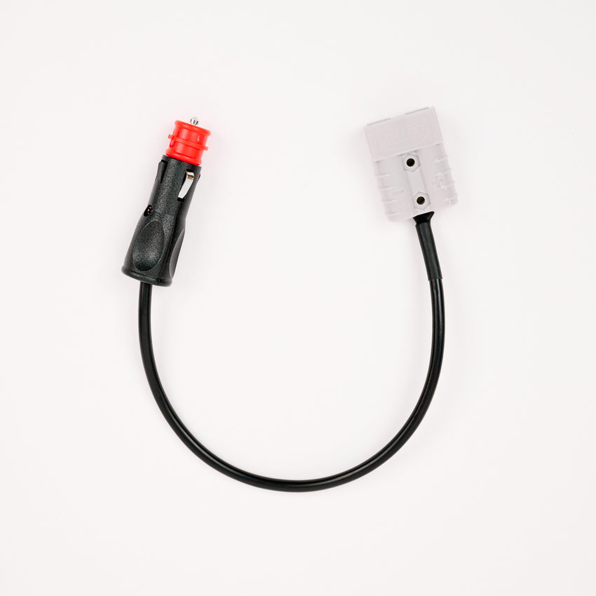 The Anderson plug to 12v power socket is a black cable with a red and black Anderson Plug connector on one end and a gray rectangular connector on the other, shown against a white background.