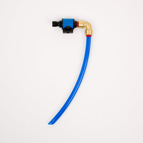 A Bird Beak Filler, featuring a blue flexible tube, connects to a brass elbow fitting and a black plastic valve, all set against a plain white background.