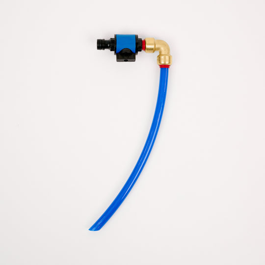 A Bird Beak Filler, featuring a blue flexible tube, connects to a brass elbow fitting and a black plastic valve, all set against a plain white background.