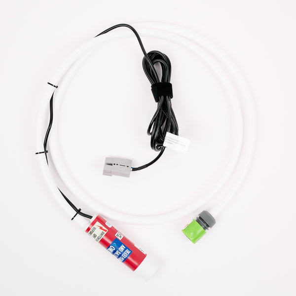 The Adventure Pumps Essentials Pump Kit – Power Accessory Compatible includes a coiled white hose, red and white water transfer pump, green-gray connector, Anderson Plug connection, black cord with Velcro strap, and gray plug on a white background.