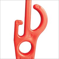 Close-up of a red plastic Awning Hook from the Awning Hooks – 10 Pack – Suits Rollout Awnings set, featuring one curved and two smaller hooks, ideal for use with clothes hangers. Plain white background.