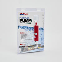 A packaged Rule iL280p 12V Pump Replacement features a red and white submersible pump for water and diesel, labeled 280 GPH (1080 LPH), designed for continuous duty with instructions and product info shown on the packaging.