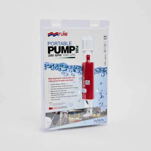 A packaged Rule iL280p 12V Pump Replacement features a red and white submersible pump for water and diesel, labeled 280 GPH (1080 LPH), designed for continuous duty with instructions and product info shown on the packaging.
