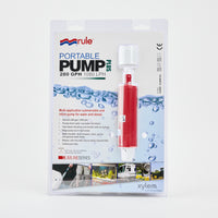 Packaging for the Rule iL280p 12V Pump Replacement, a submersible water pump (280 GPH/1080 LPH), displays the red and white pump in clear plastic with product details and images of water, boats, and an RV on the front.