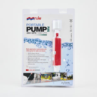 Packaging for the Rule iL280p 12V Pump Replacement, a submersible water pump (280 GPH/1080 LPH), displays the red and white pump in clear plastic with product details and images of water, boats, and an RV on the front.