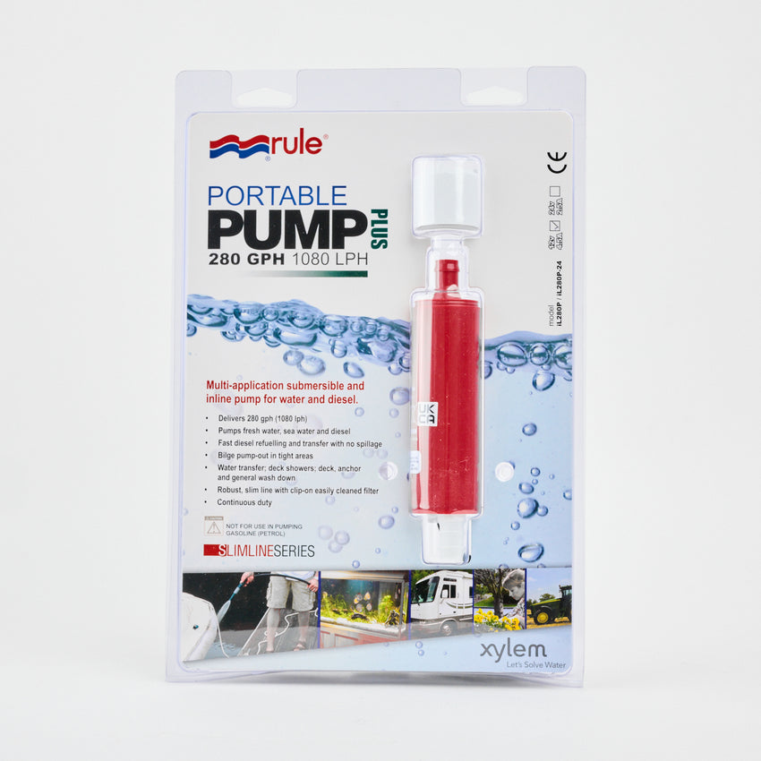 Packaging for the Rule iL280p 12V Pump Replacement, a submersible water pump (280 GPH/1080 LPH), displays the red and white pump in clear plastic with product details and images of water, boats, and an RV on the front.