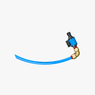 The Bird Beak Filler, a blue plastic caravan filling tube with a brass elbow fitting and black and blue valve, is shown against a plain white background.